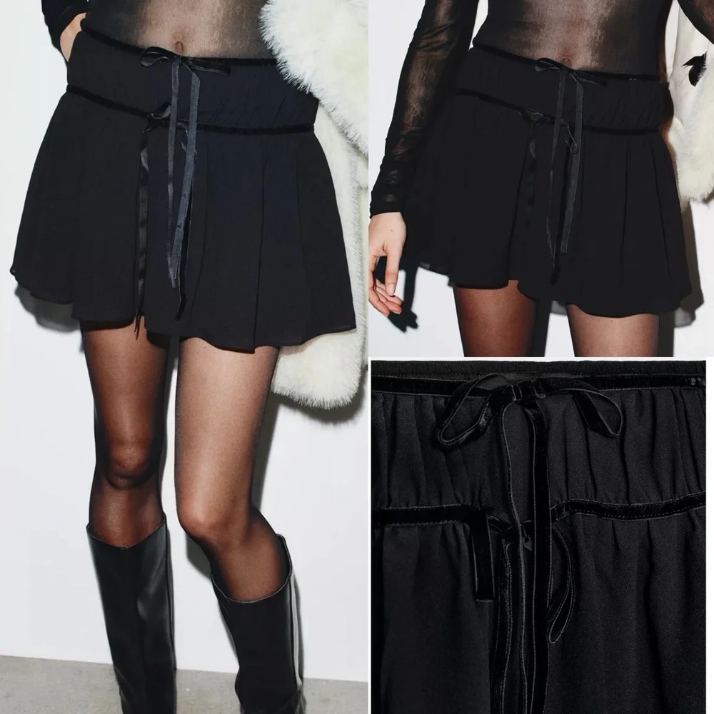 Zara NWT BLACK VELVET BOW GEORGETTE MINI SKIRT - Picture 1 of 9